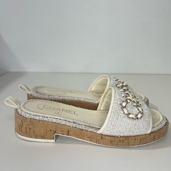 Chanel CC 2021 Chain Pool Tweed Cork Heels Mule Sandals Slides Shoes - Picture 10 of 13
